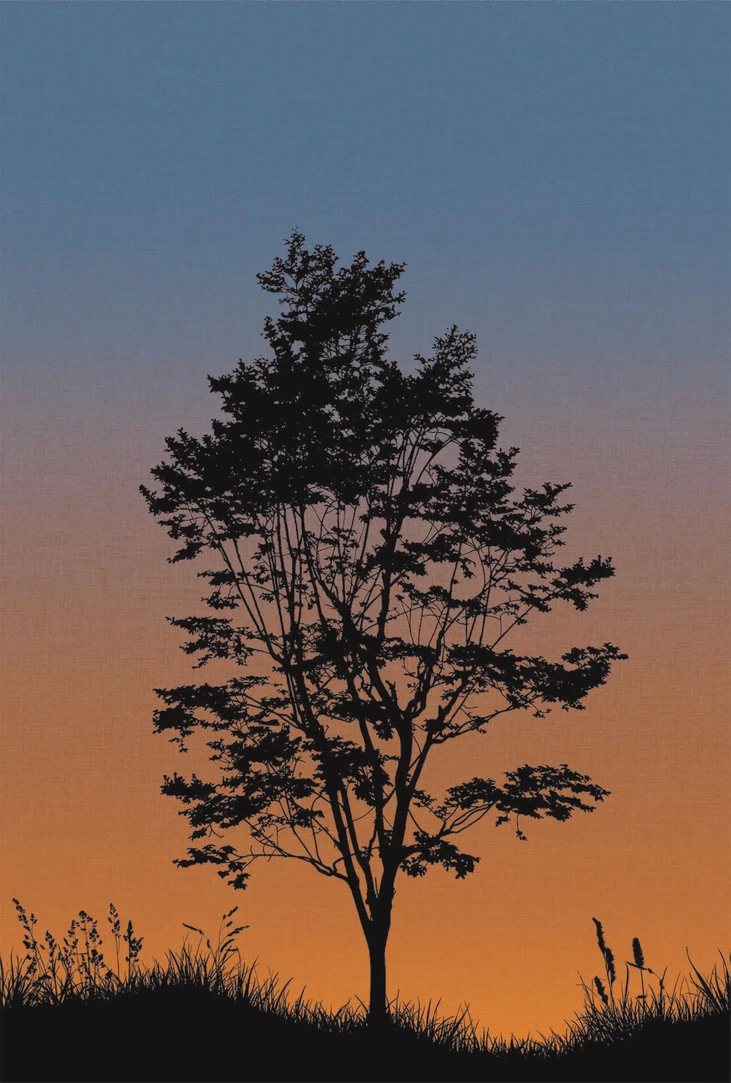 Tree at Sunset Murals feature a tree and grass silhouette against an orange-blue sky—ideal for artistic wallpaper.