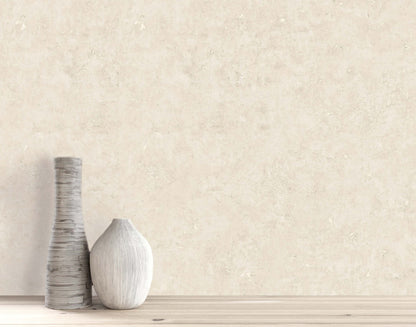 Two vases sit on light wood in front of a Cement Commercial Vinyl beige faux wallpaper wall.