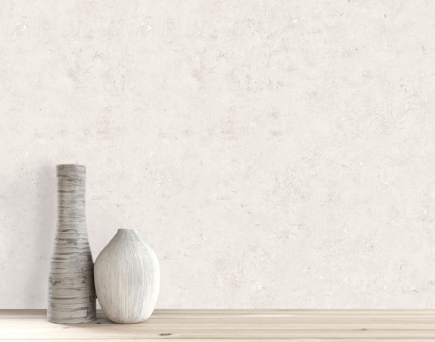 Two decorative vases sit on a light wood surface against Cement Commercial Vinyl faux unpasted wallpaper.