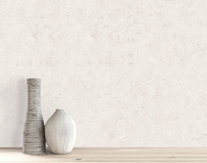 Two decorative vases sit on a light wood surface against Cement Commercial Vinyl faux unpasted wallpaper.