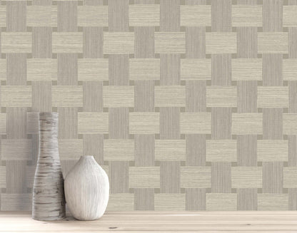 Two vases on wood in front of Basket Weave Commercial Vinyl wallcovering with a beige and gray check pattern.