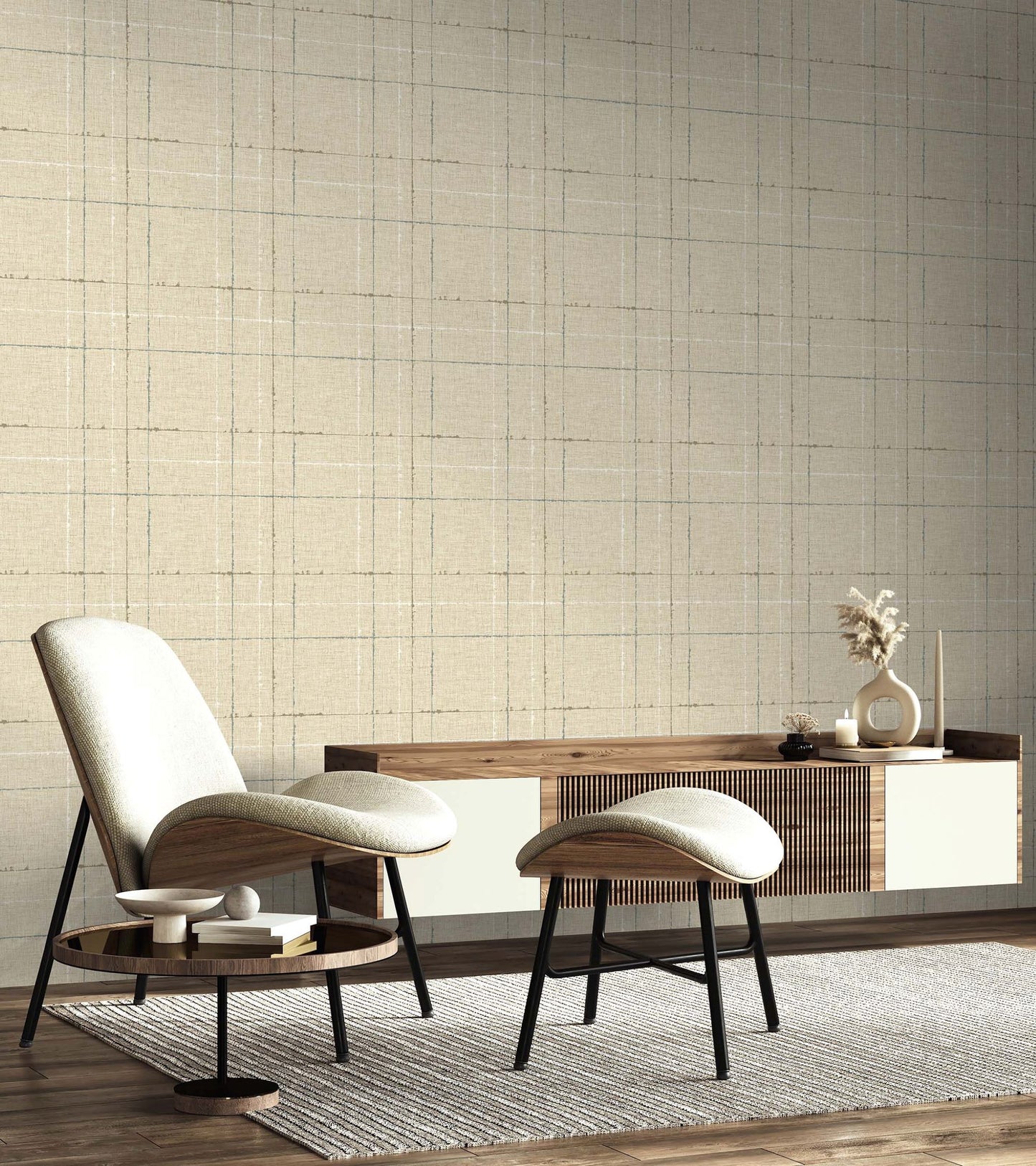 Modern living room with a chair, ottoman, and side table against a wall decorated with Hazel Plaid Texture Commercial & Vinyl.
