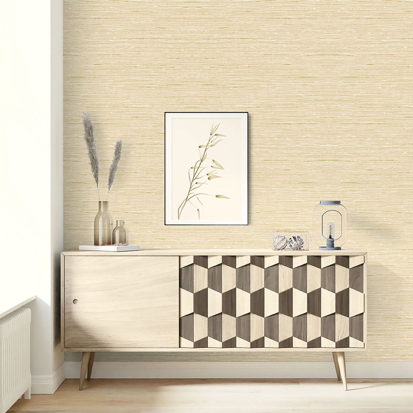 Modern sideboard with geometric design against an Eggshell Beige
 Natural Weave Commercial & Vinyl
 with a framed picture.