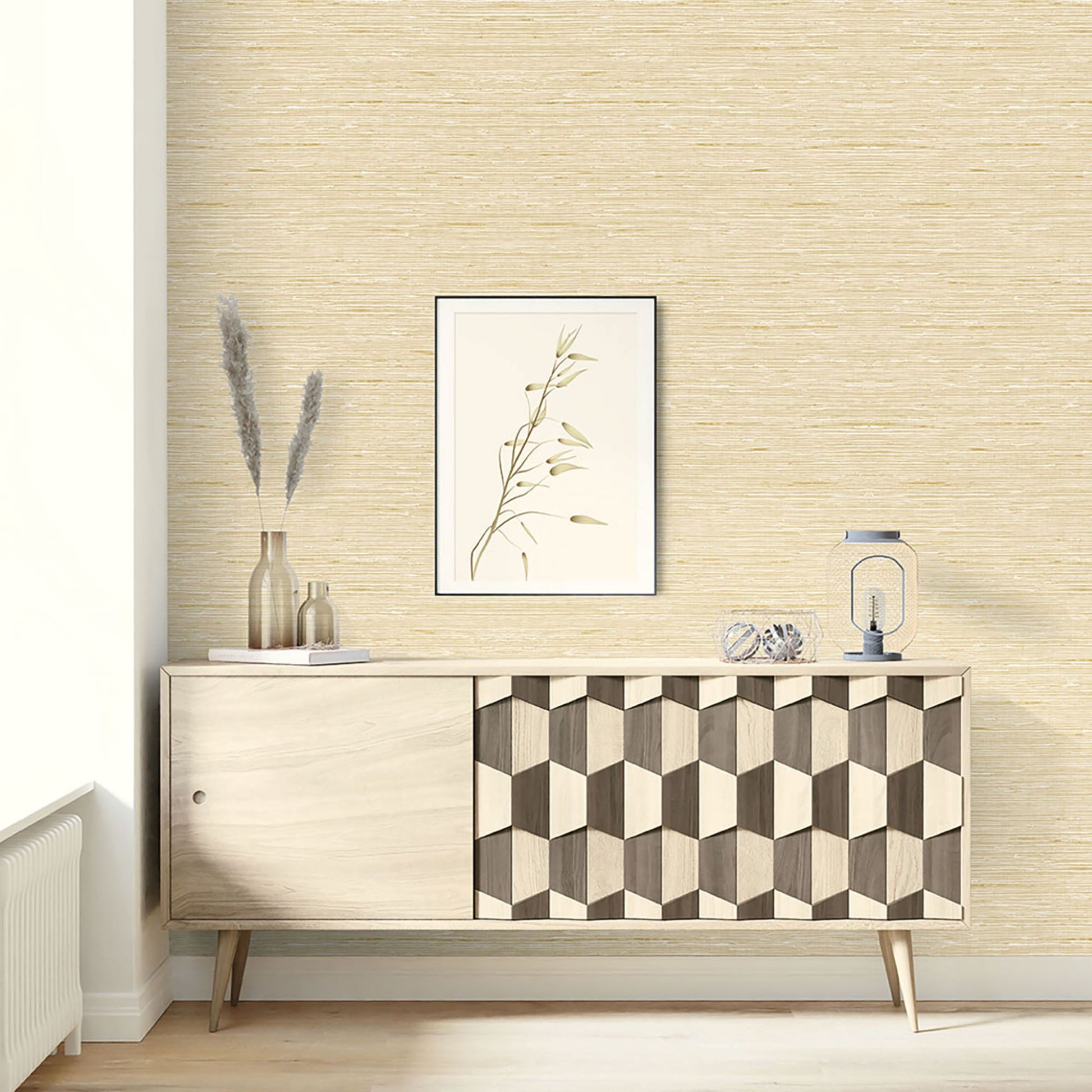 Modern sideboard with geometric design against an Eggshell Beige
 Natural Weave Commercial & Vinyl
 with a framed picture.