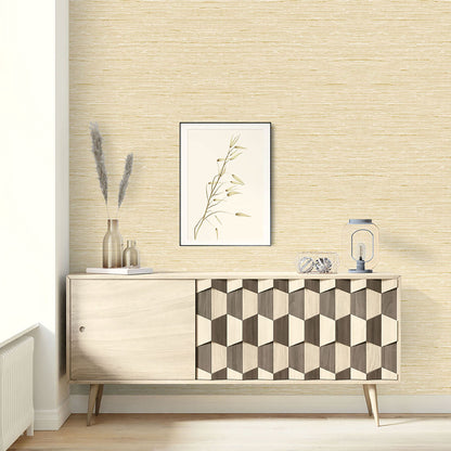 Modern sideboard with geometric design against an Eggshell Beige
 Natural Weave Commercial & Vinyl
 with a framed picture.