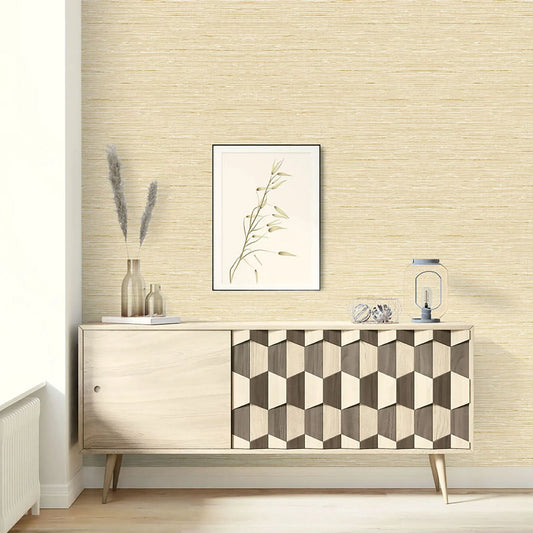 Minimalist sideboard, decor, and botanical art set against Natural Weave Commercial Vinyl on a beige textured wall.