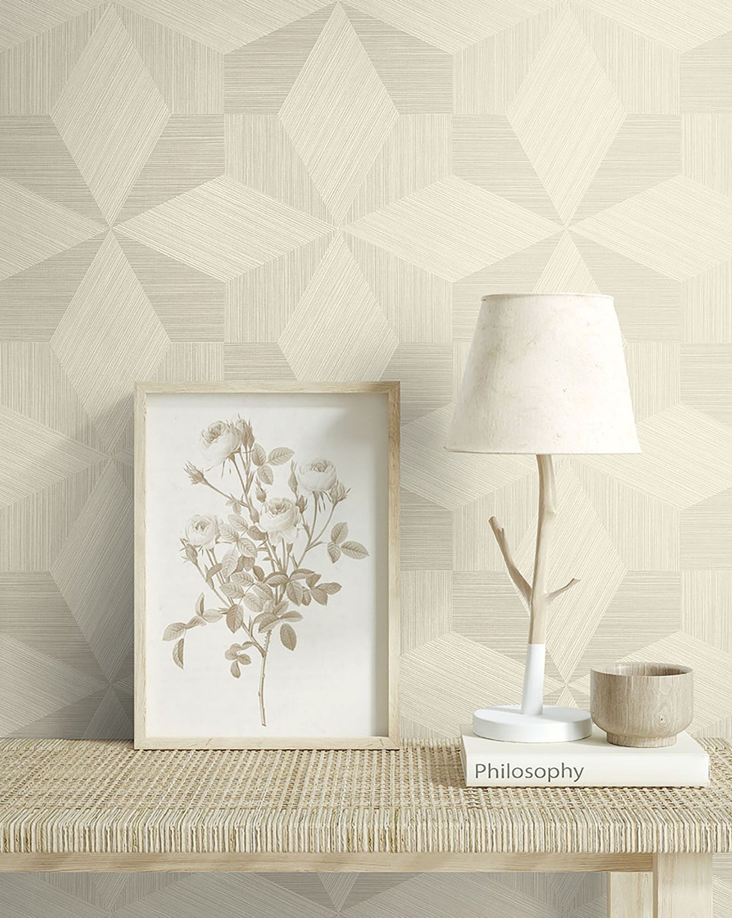 Decorative setup with a framed artwork, lamp against a wall decorated with Beige & Cream Texture Parquet Commercial & Vinyl.
