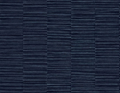 Industrial Grasscloth Stripe Commercial Vinyl: dark blue embossed vinyl wallpaper with a grid-like woven texture.