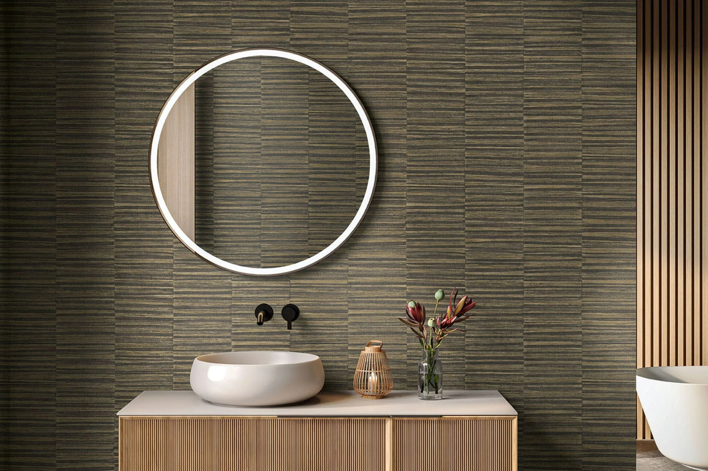 Modern bathroom with round backlit mirror, vessel sink, and Industrial Grasscloth Stripe Commercial Vinyl wall tiles.