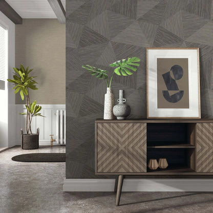 Modern interior with a wooden sideboard, decorative vases, and abstract art on a Charcoal Geometric Fibers Triangles Commercial & Vinyl.
