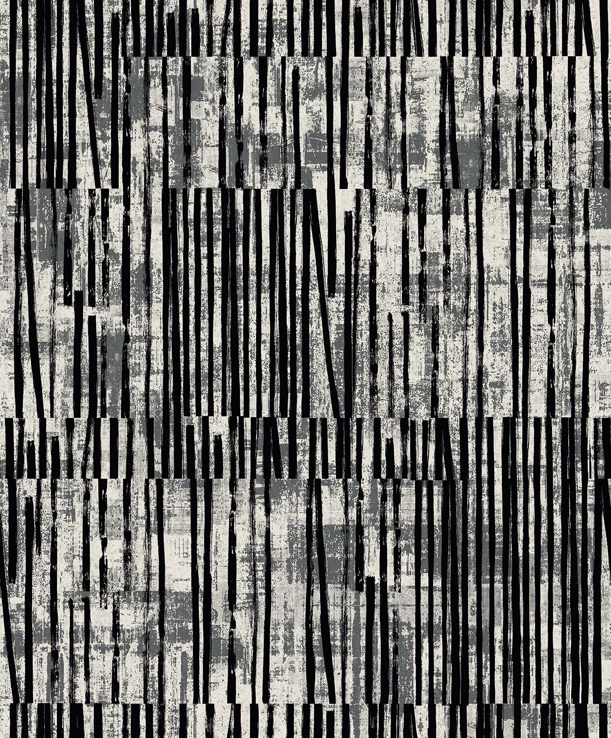 Abstract Vertical Stripes Wallpaper with uneven black lines on a textured gray and white, non-woven, washable background.