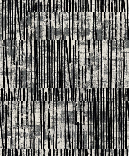 Abstract Vertical Stripes Wallpaper with uneven black lines on a textured gray and white, non-woven, washable background.