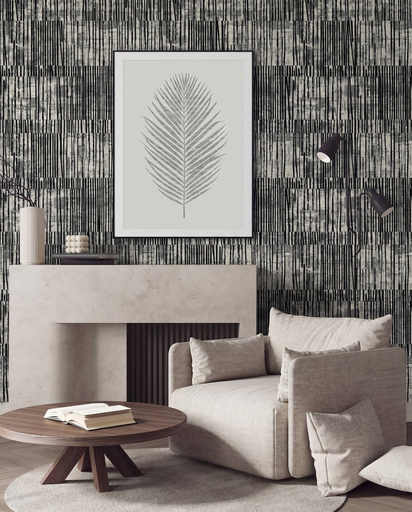 Modern living room with a beige armchair, wooden table, and framed leaf art on Abstract Vertical Stripes Wallpaper.