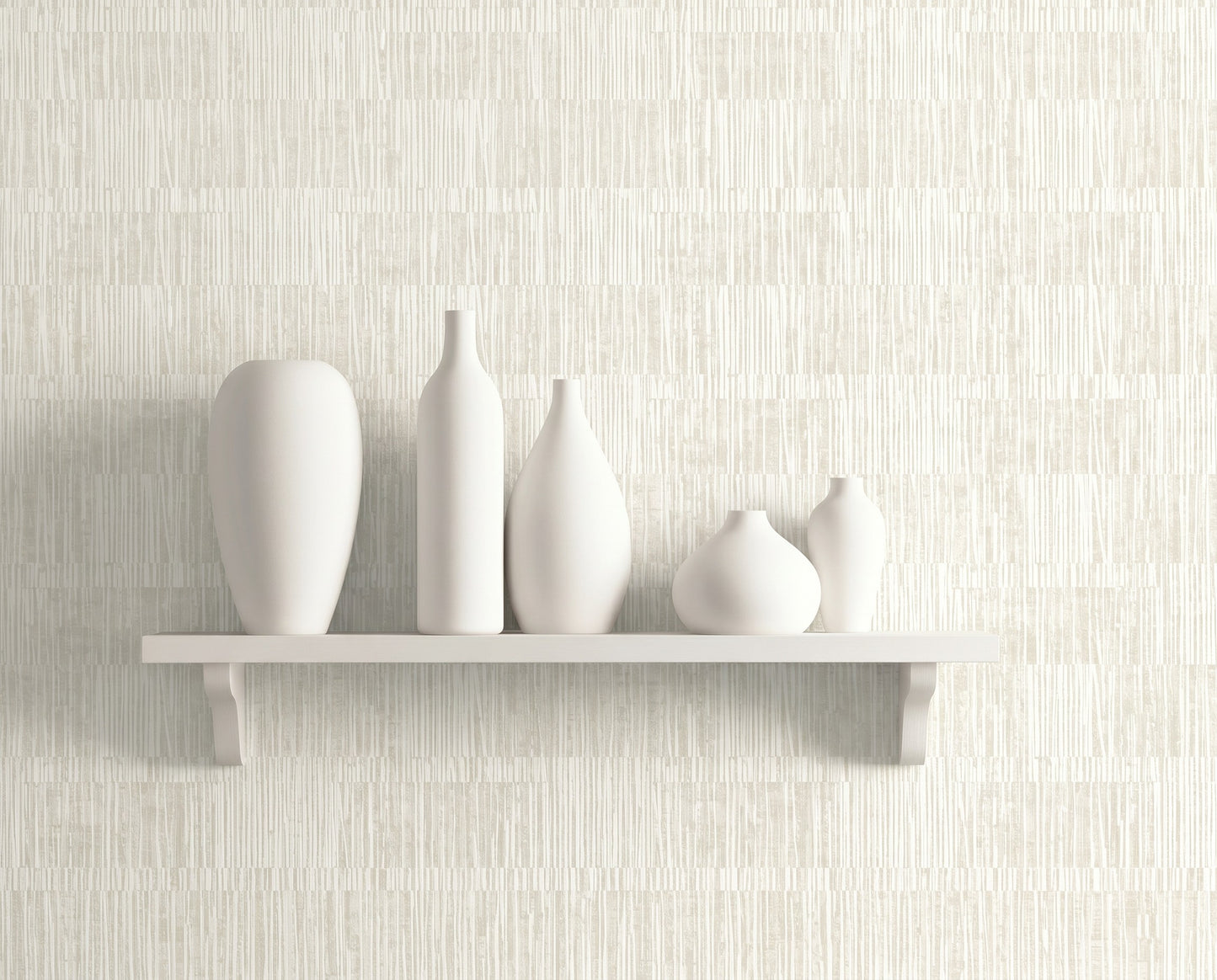 Minimalist white shelf with five ceramic vases set against Abstract Vertical Stripes Wallpaper in a light, washable finish.