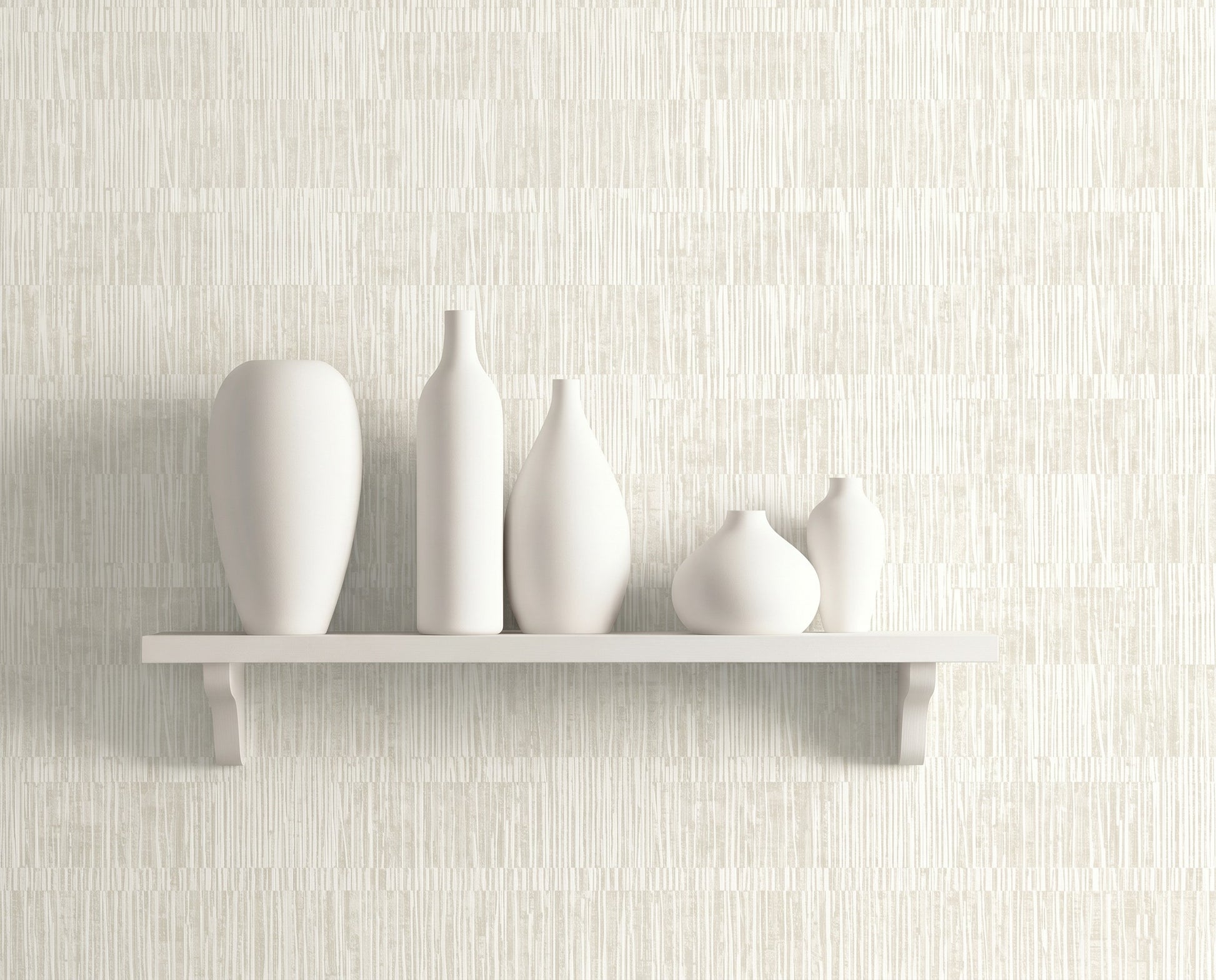 Minimalist white shelf with five ceramic vases set against Abstract Vertical Stripes Wallpaper in a light, washable finish.