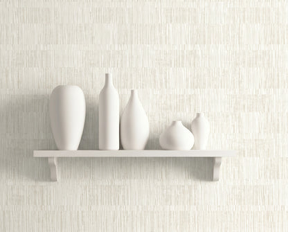Minimalist white shelf with five ceramic vases set against Abstract Vertical Stripes Wallpaper in a light, washable finish.