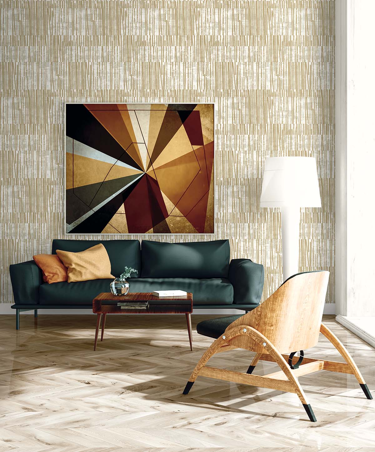 Modern living room with black sofa, wooden lounge chair, abstract art, and Abstract Vertical Stripes Wallpaper.