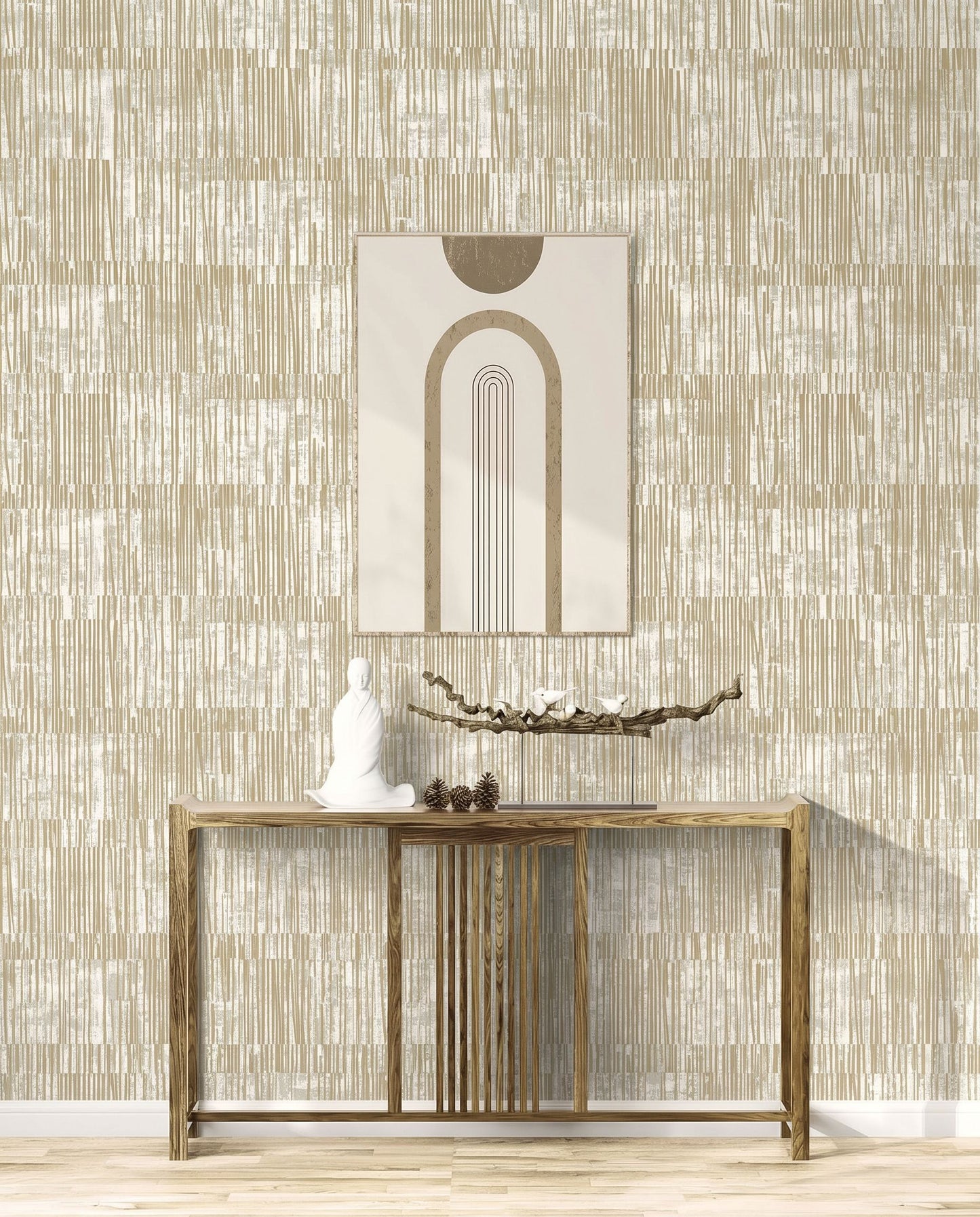 Minimalist console table with decor and art set against Abstract Vertical Stripes Wallpaper in beige tones.