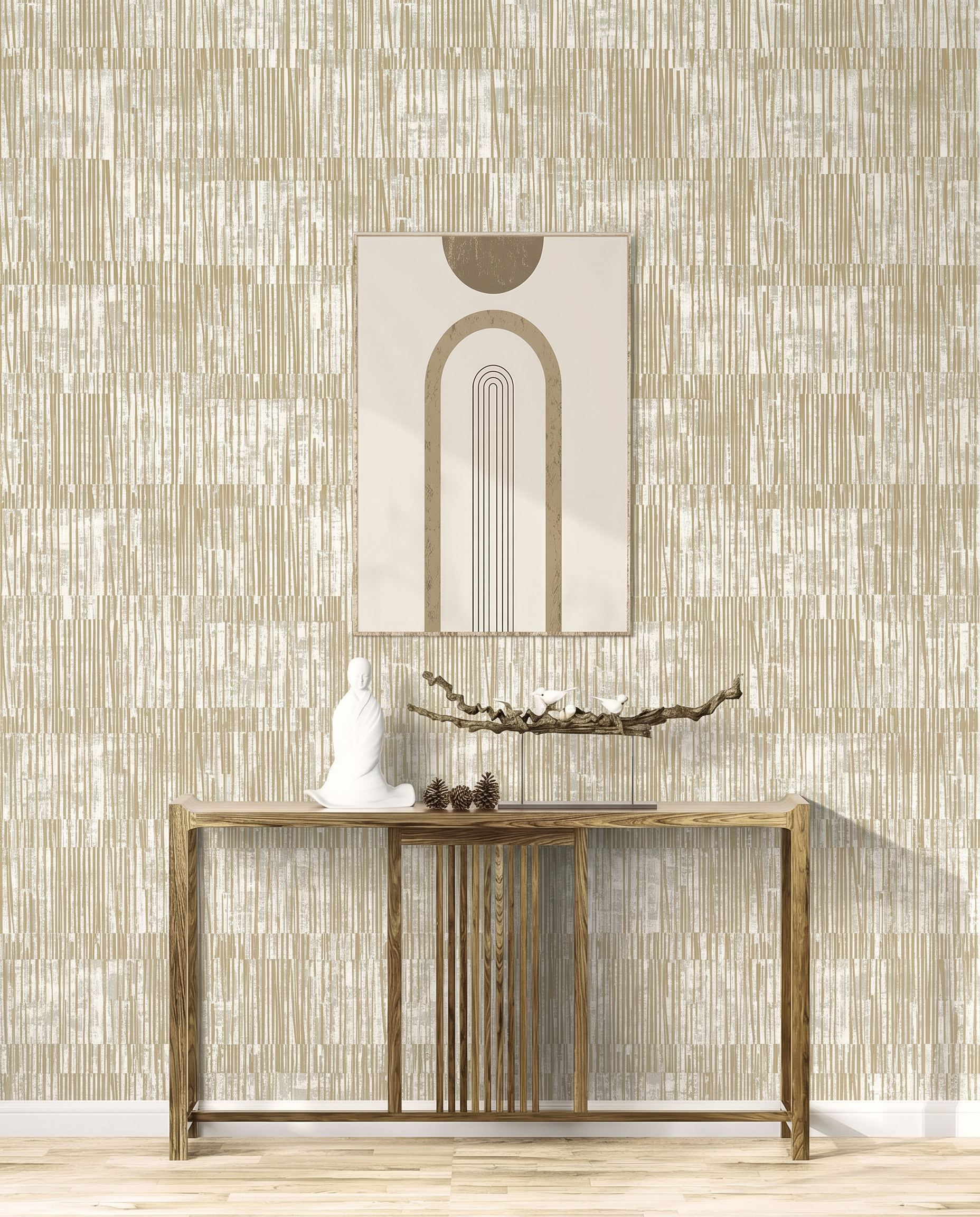 Minimalist console table with decor and art set against Abstract Vertical Stripes Wallpaper in beige tones.
