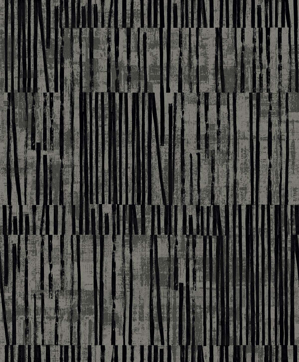 Abstract Vertical Stripes Wallpaper features vertical black lines on textured gray, creating a layered, grid-like look.