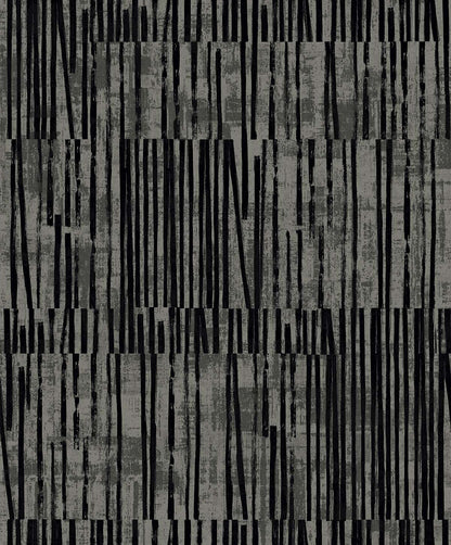 Abstract Vertical Stripes Wallpaper features vertical black lines on textured gray, creating a layered, grid-like look.