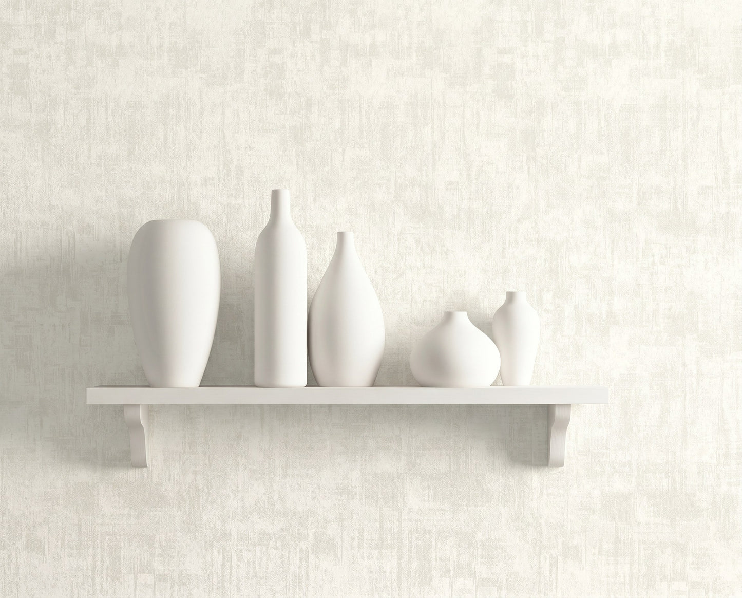 A white shelf holds five matte white vases against a Distressed Faux Wallpaper backdrop.