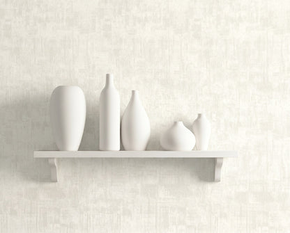 A white shelf holds five matte white vases against a Distressed Faux Wallpaper backdrop.