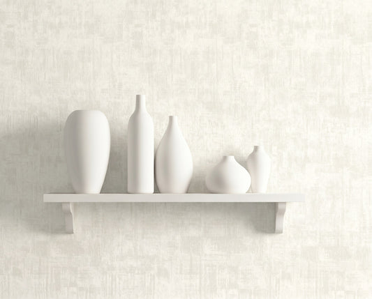 A white shelf holds five matte white vases against a Distressed Faux Wallpaper backdrop.