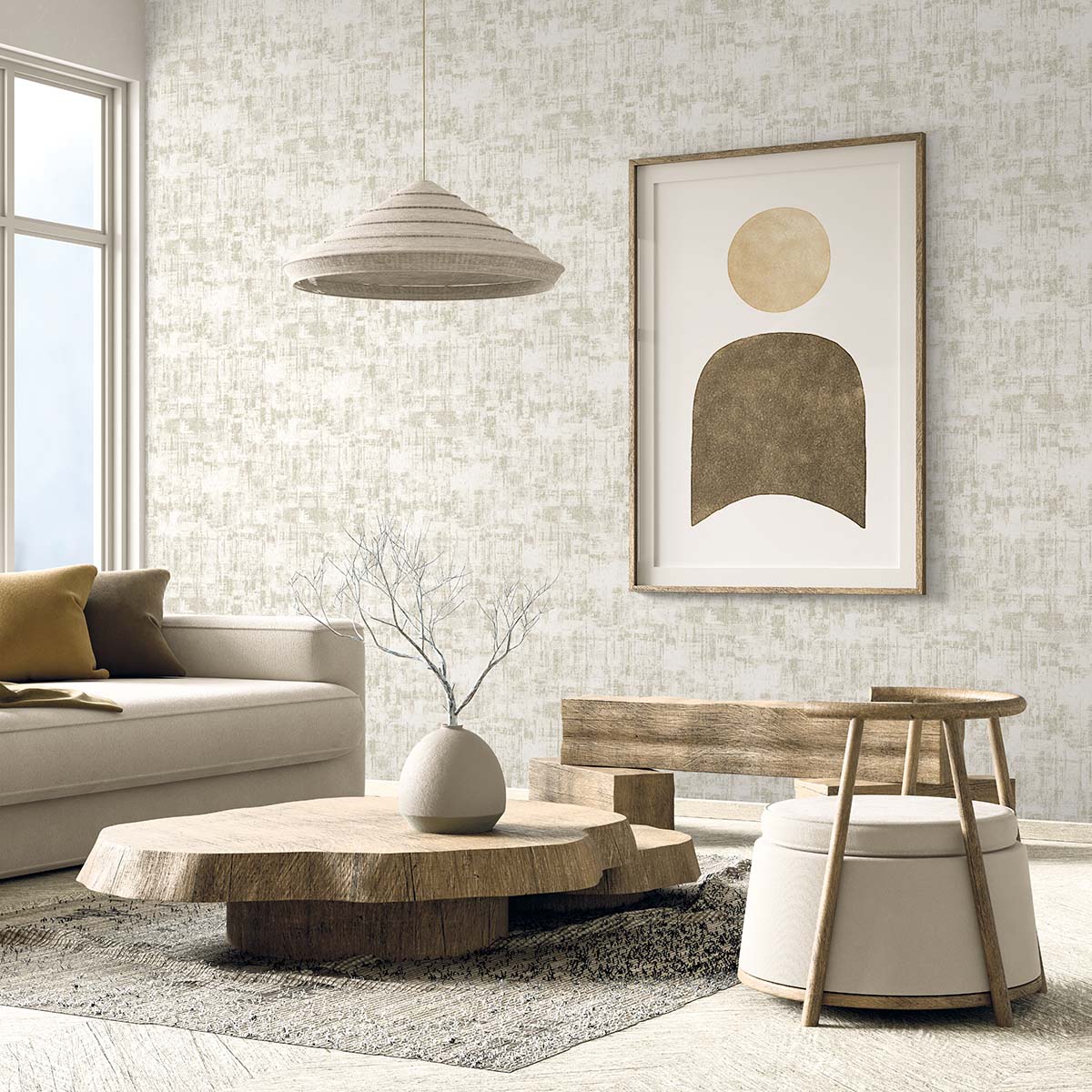 Minimalist living room with neutral tones, abstract wall art, wood furniture, and Distressed Faux Wallpaper accents.