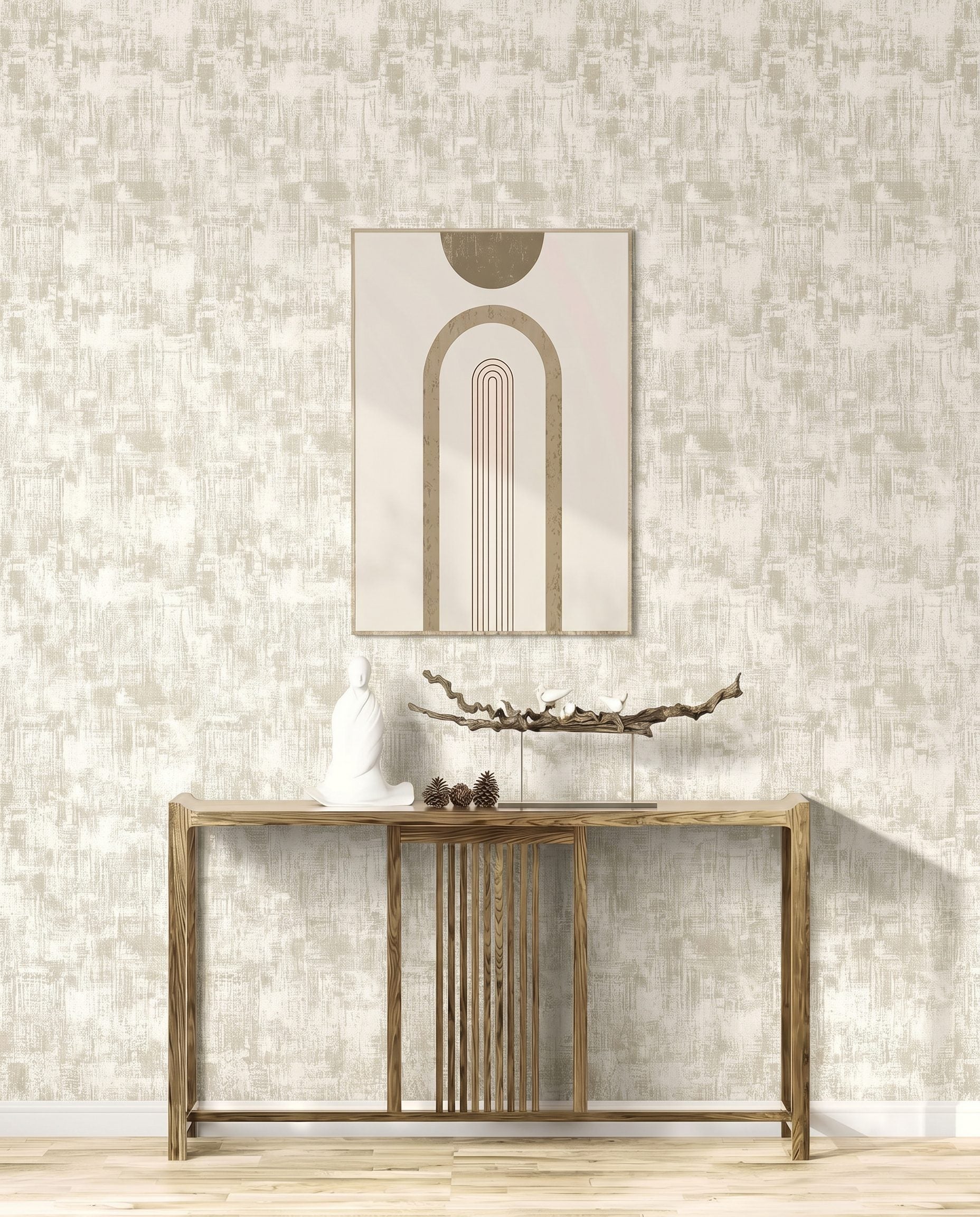 A minimalist wooden console table with decor, abstract art, and Distressed Faux Wallpaper on a light wall.