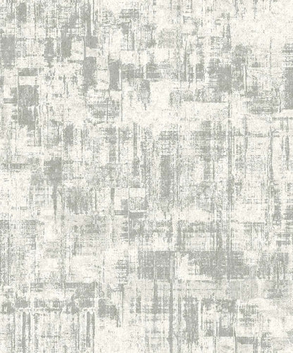 Distressed Faux Wallpaper features a gray and white abstract pattern with irregular, intersecting lines.