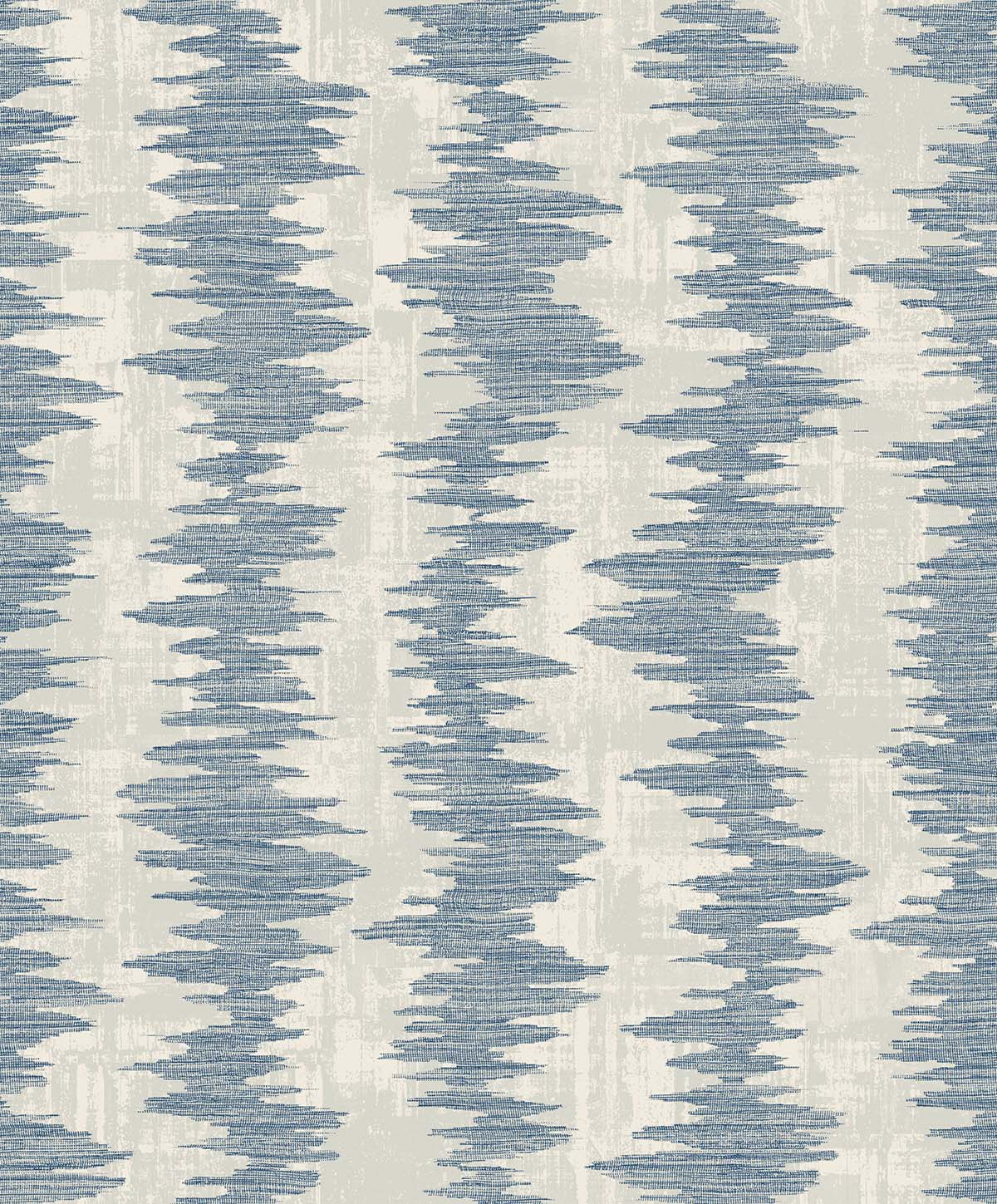 Ikat Stripe Wallpaper features a blue zigzag sound wave pattern on light gray, in washable, non-woven material.