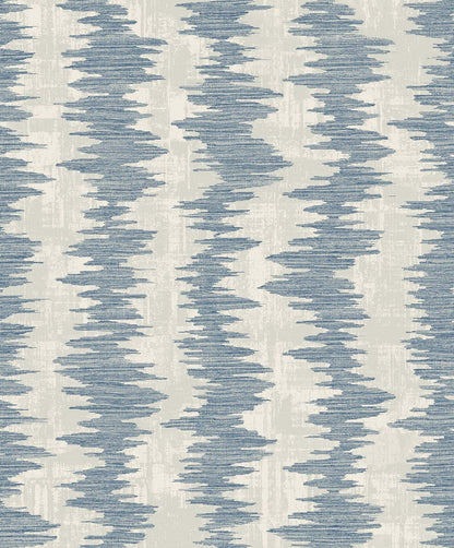 Ikat Stripe Wallpaper features a blue zigzag sound wave pattern on light gray, in washable, non-woven material.
