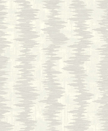 Ikat Stripe Wallpaper features a gray and off-white abstract zigzag pattern on washable, non-woven material.