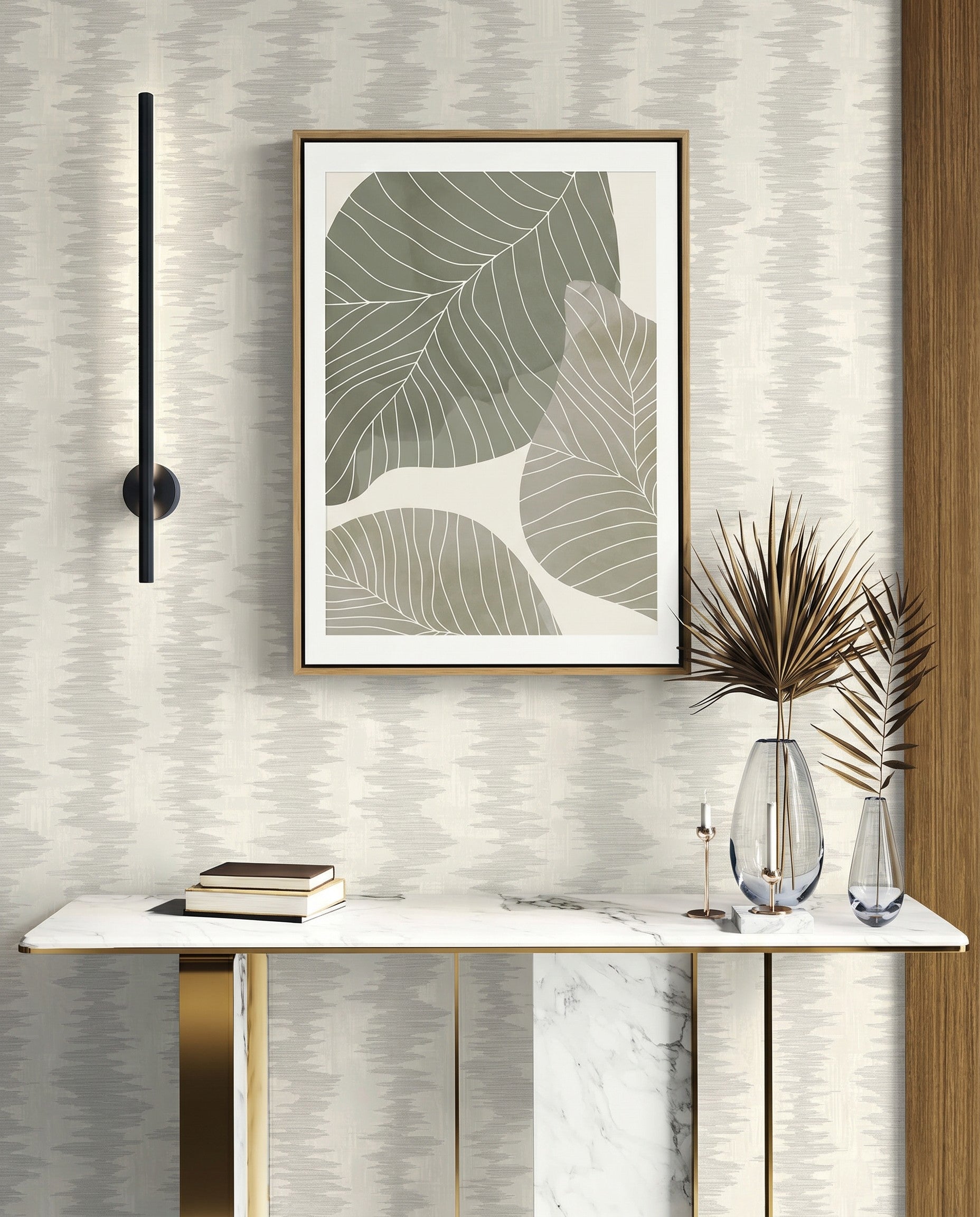 Minimalist entryway with a marble console, abstract leaf art, modern sconce, and Ikat Stripe Wallpaper for easy upkeep.