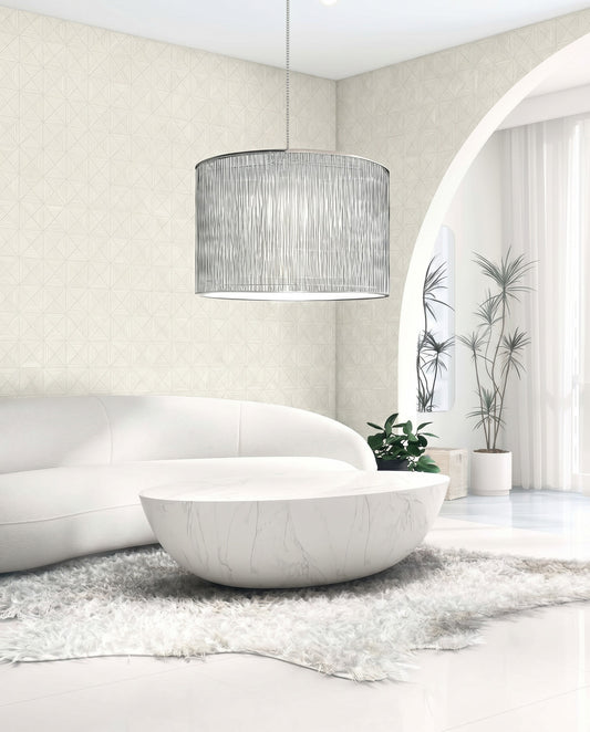 Modern living room with a white curved sofa, marble coffee table, plants, and Inlay Tile Wallpaper accents.