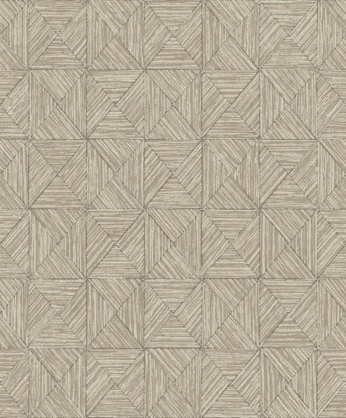 Inlay Tile Wallpaper features a geometric pattern of tan and beige squares with diagonal lines; washable, non-woven material.