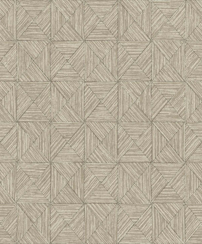 Inlay Tile Wallpaper features a geometric pattern of tan and beige squares with diagonal lines; washable, non-woven material.