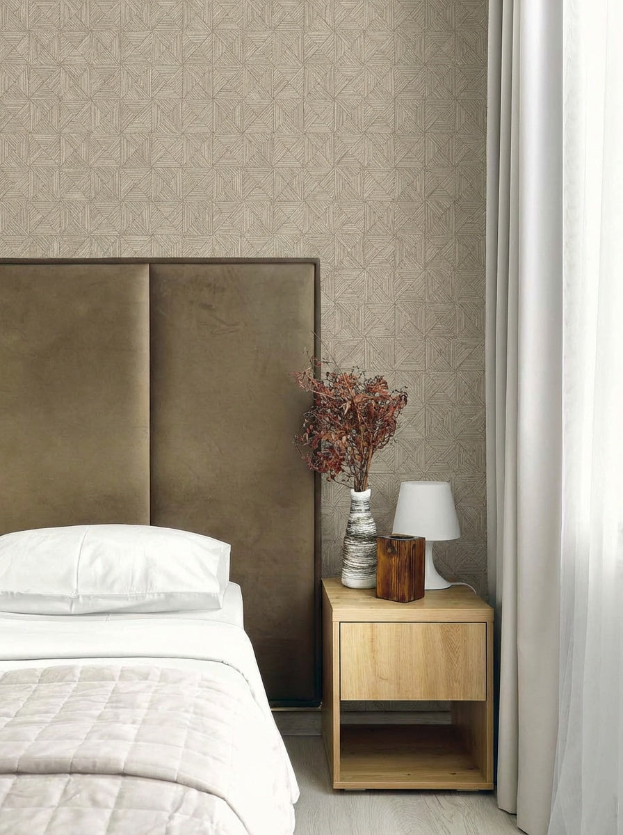Beige modern bedroom with washable Inlay Tile Wallpaper, brown headboard, white bedding, and wooden nightstand.