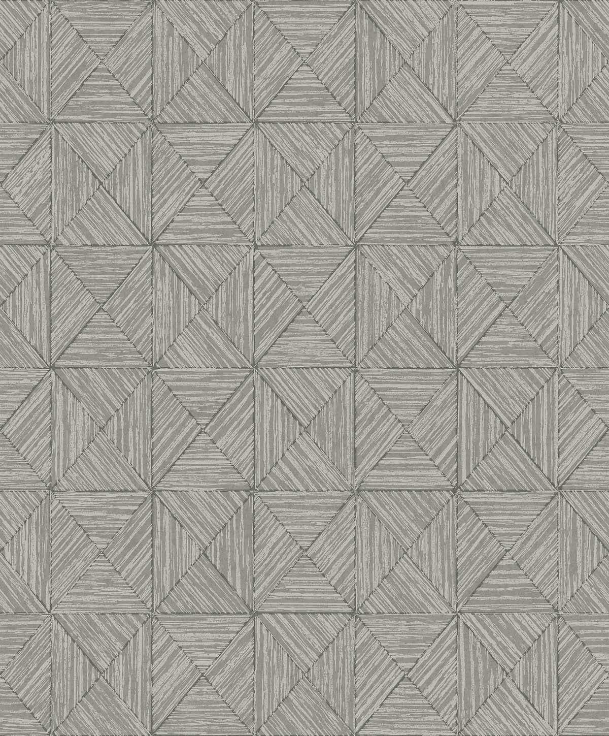 Inlay Tile Wallpaper features a geometric pattern of gray squares and triangles in a washable, non-woven design.