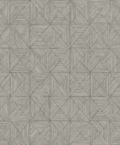 Inlay Tile Wallpaper features a geometric pattern of gray squares and triangles in a washable, non-woven design.