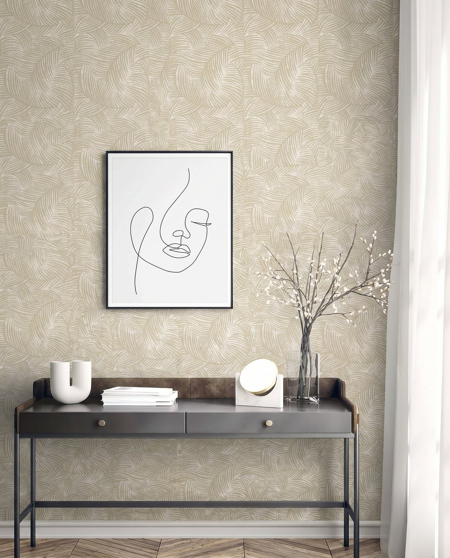 Modern console table with decor under minimalist line art, set against Palm Fronds Wallpaper and sheer curtains.