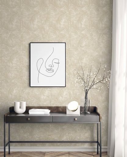 Modern console table with decor under minimalist line art, set against Palm Fronds Wallpaper and sheer curtains.