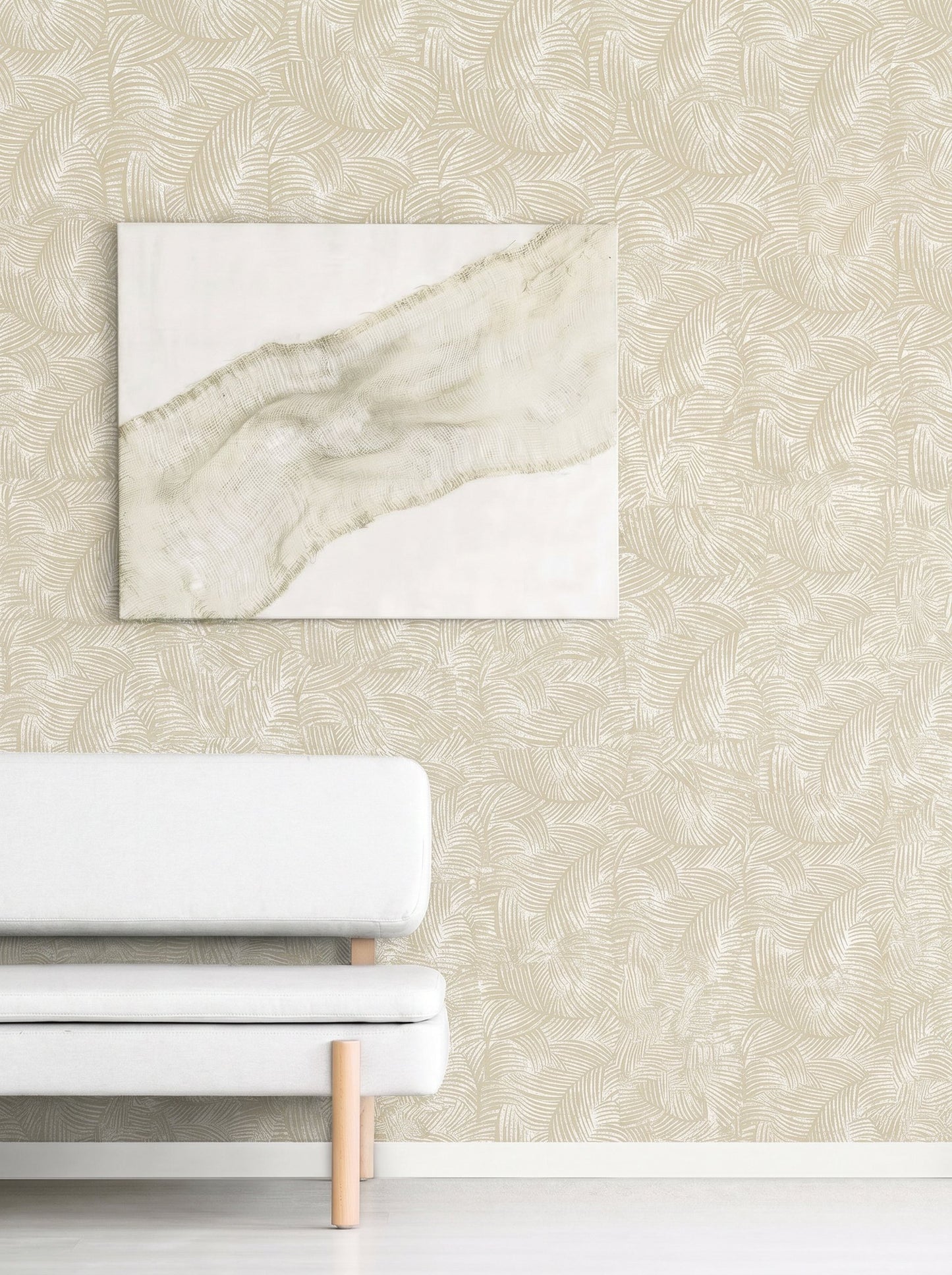 Minimalist room with a light gray sofa and abstract art on Palm Fronds Wallpaper.