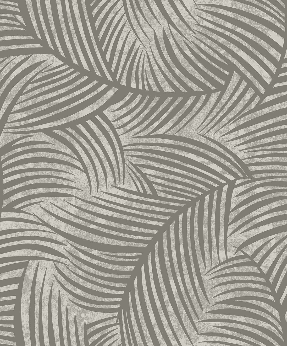 Palm Fronds Wallpaper features gray and white curved, leaf-like lines on a textured, non-woven, unpasted background.