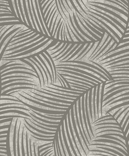 Palm Fronds Wallpaper features gray and white curved, leaf-like lines on a textured, non-woven, unpasted background.