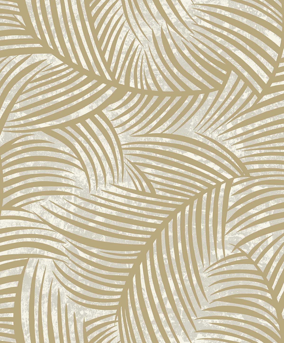Palm Fronds Wallpaper features a beige palm leaf pattern on textured light gray non-woven for a modern tropical look.
