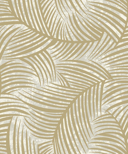 Palm Fronds Wallpaper features a beige palm leaf pattern on textured light gray non-woven for a modern tropical look.
