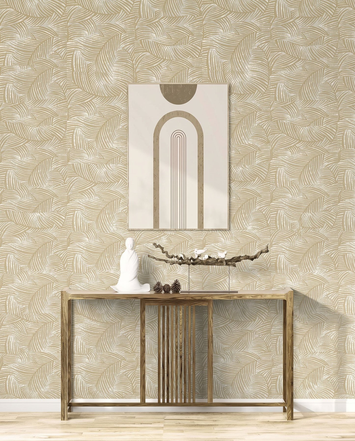 A console table with decor sits under abstract art, in front of Palm Fronds Wallpaper.