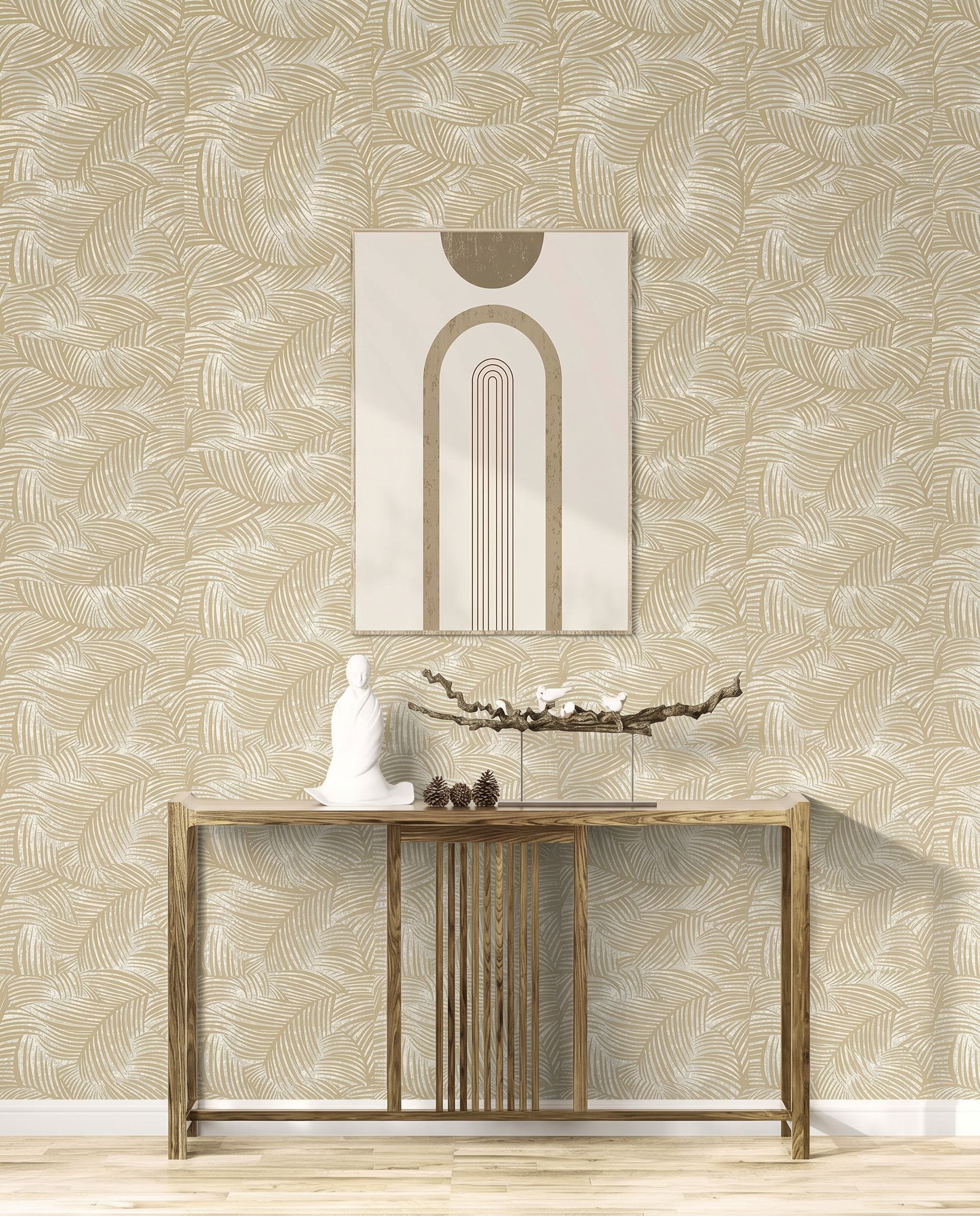 A console table with decor sits under abstract art, in front of Palm Fronds Wallpaper.